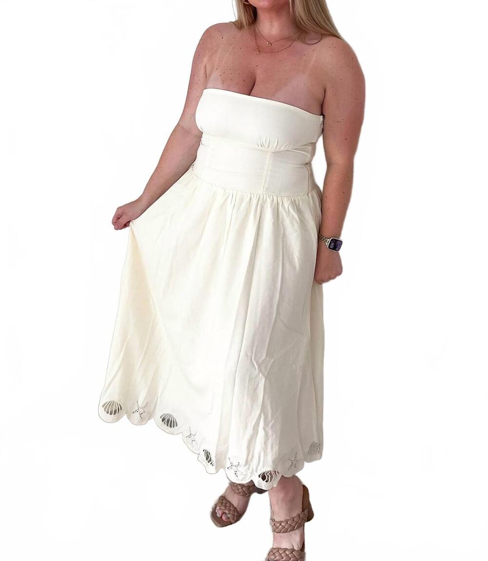 NEW LE LIS seashell scallop embroidered midi dress in cream